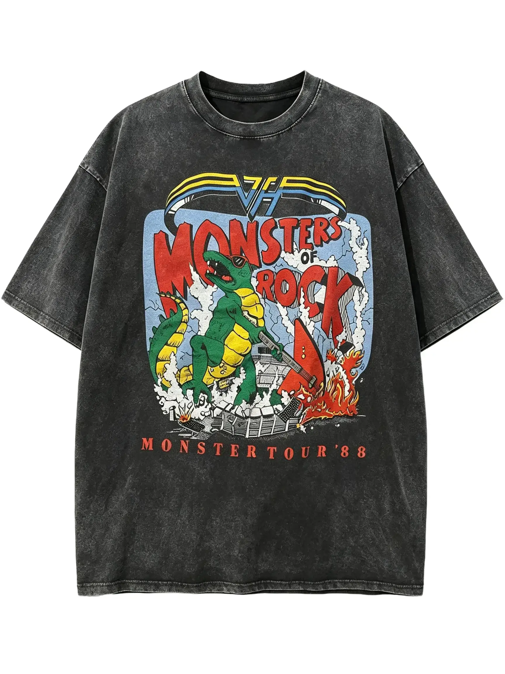 Men's Vintage Distressed Wash T-Shirt - "Monsters of Rock" Dinosaur Guitar Graphic Print, Retro Street Loose-Fit Medium-Length Hard Rock Band Tee