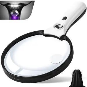 Large Magnifying Glass with Light, Magnifier 10X 20X 45X Handheld Illuminated Lighted Magnifier with 3 LED Lights 1UV Light Storage Bag Clean Cloth for Seniors Reading Inspection (Black)