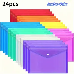 24-pack plastic folders with snap buttons, random colors, A4 letter size-durable PP material, suitable for schools, families and offices.
