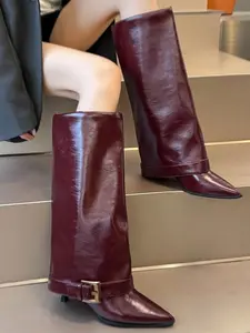 Knee-High Pointed Toe High Heel Boots, Slim Fit Fashion Boots with Belt Buckle, Leather Knight Boots for Women, Fall Winter Footwear