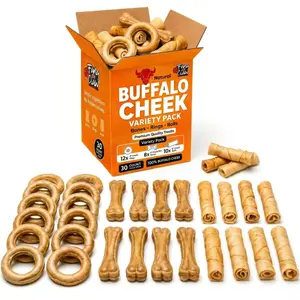 Buffalo Cheek Dog Chews Variety Pack - 30 Count Natural Rawhide-Free, High Protein Treats with Rings, Bones & Rolls for Long-Lasting Chewing