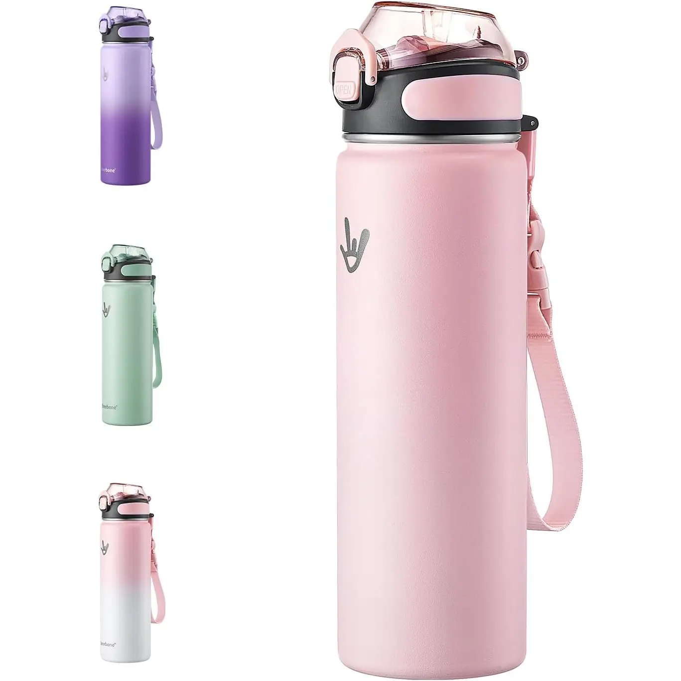 24 oz Insulated Water Bottle Stainless Steel Double-Wall Vacuum Insulation Leakproof with Carrying Strap & Straw for Hot & Cold Drinks