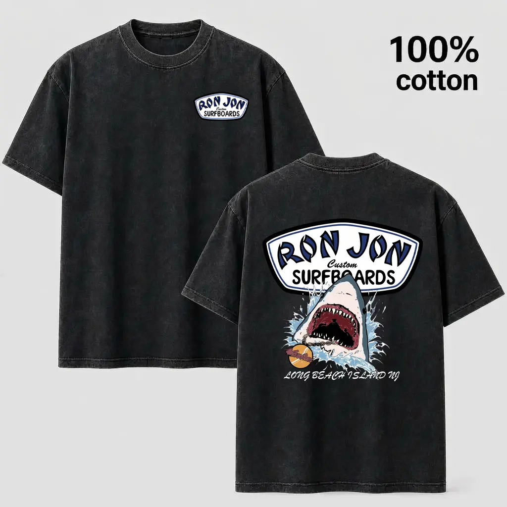Men's Retro Ron Jon Long Beach Island Graphic T-Shirt - Retro Look, Surf Theme, Oversized Fit, Medium Length, Mineral Wash Surf Culture Tee, Graphic Print