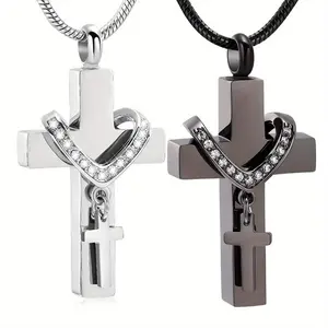 1PC Cremation Cross Necklace Suitable for Ashes Memorial Cremation Jewelry Skull Pendant Double Cross Amulet Pet Animal Urn Memorial Pendant