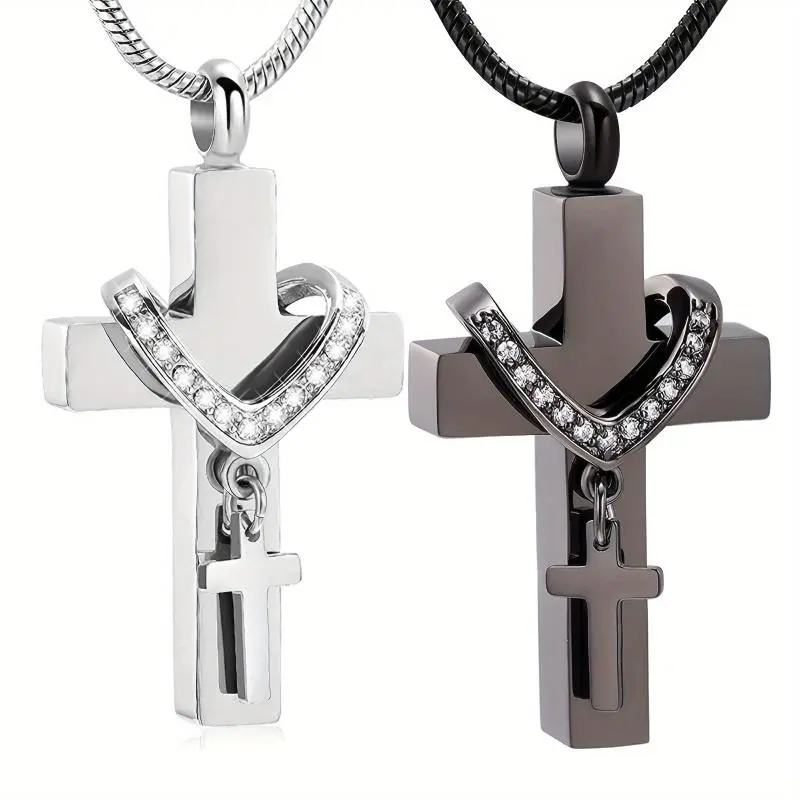 1PC Cremation Cross Necklace Suitable for Ashes Memorial Cremation Jewelry Skull Pendant Double Cross Amulet Pet Animal Urn Memorial Pendant