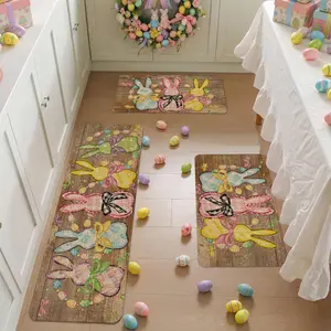 Easter Kitchen Rug Set, Rabbit Colorful Bow Flower Pattern Door Mat, Spring Home Decor, Non-Slip Bathroom Runner, Holiday Cooking and Party Use, Floral Pattern Rug, Kitchen Floor Mat