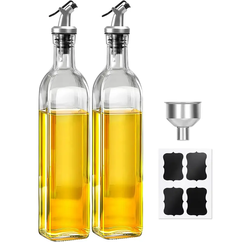 Olive Oil Dispenser Bottle,2 Pcs Glass Oil Dispenser for Kitchen,Cooking Oil and Vinegar Dispenser Set with 2 Flip-Top Spout, 4 Labels and 1 Funnel Oil Bottles for Kitchen