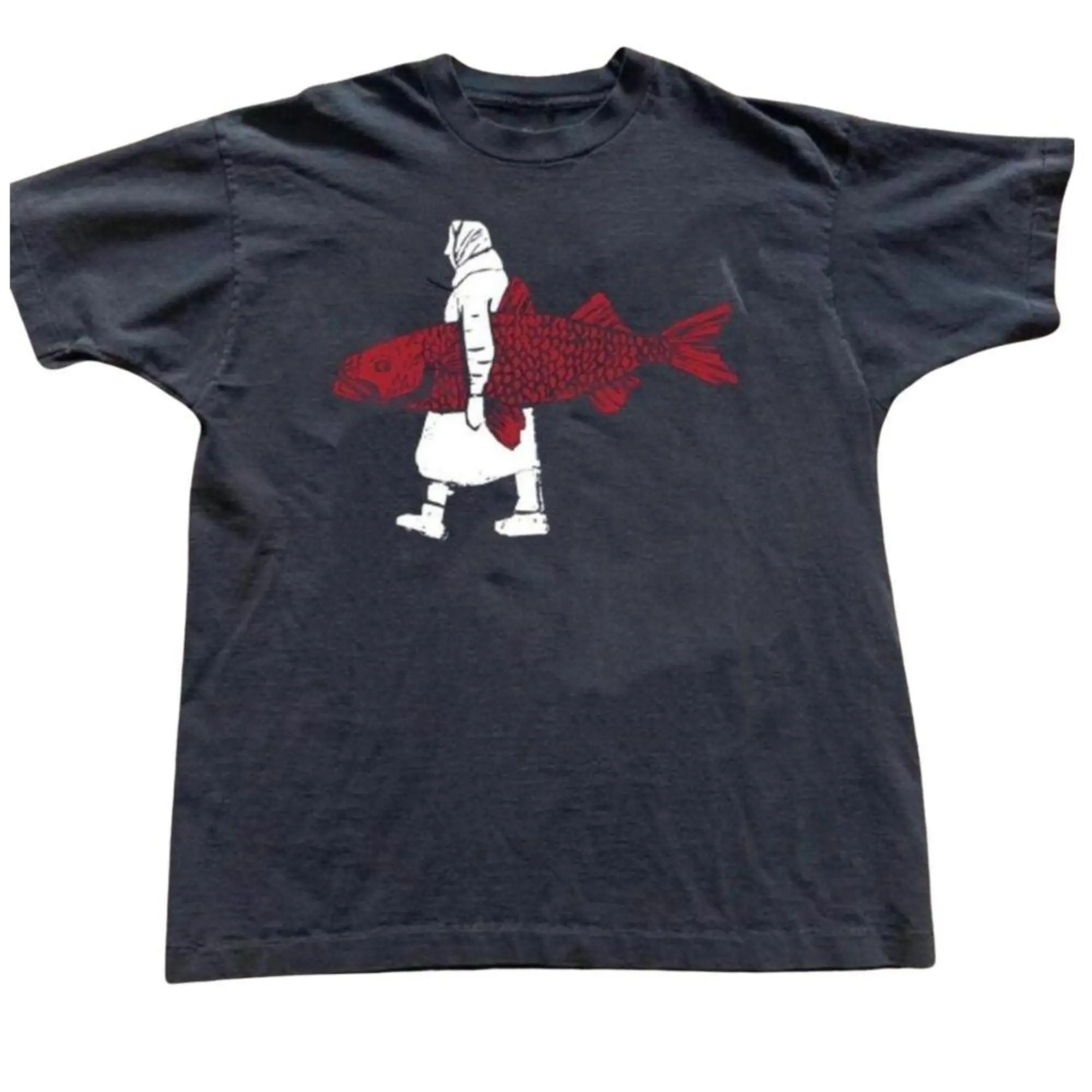 The Vintage Fisherman Carrying Fish Shirt, Y2K Outdoor Fishing T-Shirt, Funny Red Fish Graphic Tee, Gift for Men, Gift for Women, Crew Neck T-shirt, Trending T-shirt