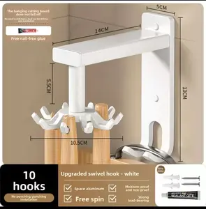 Rotating Kitchen Hook Rack Adhesive Wall Mounted 10 Hooks Space Aluminum No-Drill Storage Holder Gunmetal Black White