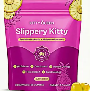 Limited time sale, Slippery Kitty Feminine Probiotic + Moisture  Gummies - All inOne Solution with Slippery Elm 60 Count Pineapple FlavorNatural Probiotic Supplement,Soft candy specially developed for women's health, feminine gummies, ph balance gummies