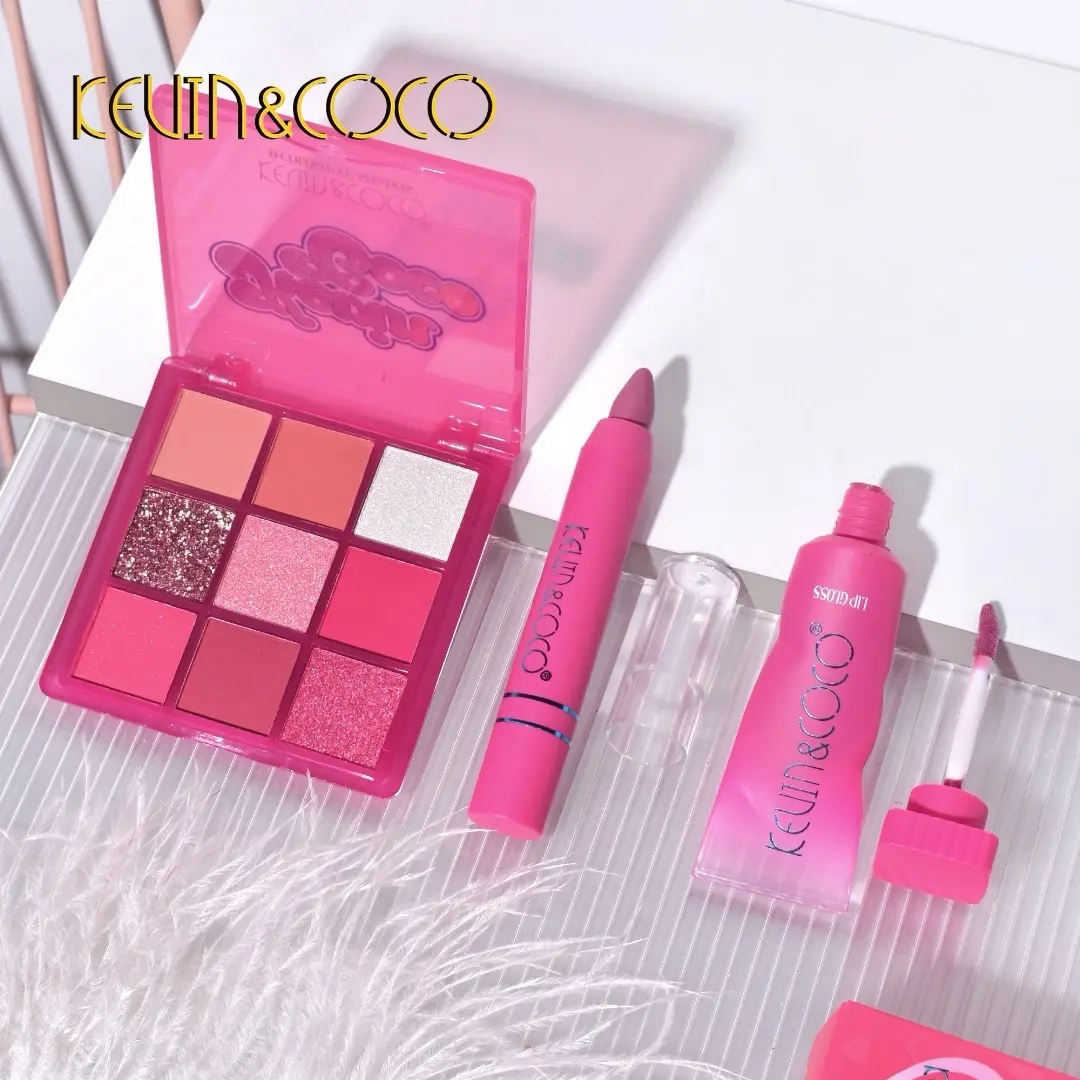 2 Kevin & Coco sets Hot Pink and Light Pink Eyeshadow, Lip Gloss, and Lipstick Collection for Makeup Moisturizing Cosmetic Moisturize Moisture Moisturizer Hydrate Hydrating