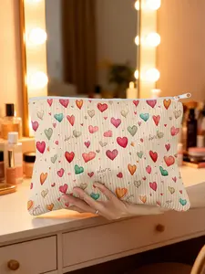 1pc, Spacious Valentine's Day Colorful Hearts Print Corduroy Makeup Bag, Zippered Cosmetic Organizer and Toiletry Storage Pouch, Perfect for Travel and Daily Use