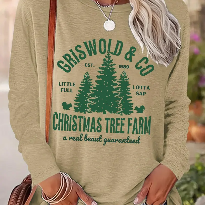 Women's Christmas Tree & Letter Print Round Neck Sweatshirt, Casual Long Sleeve Crew Neck Pullover for Fall & Winter, Women's Clothes for Daily Wear