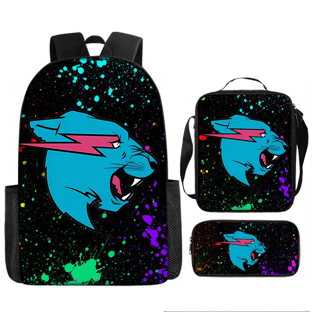 Mr Beast Lightning Cat Backpack Three-Piece Set Digital Print Backpack Student School Bag Shoulder Bag