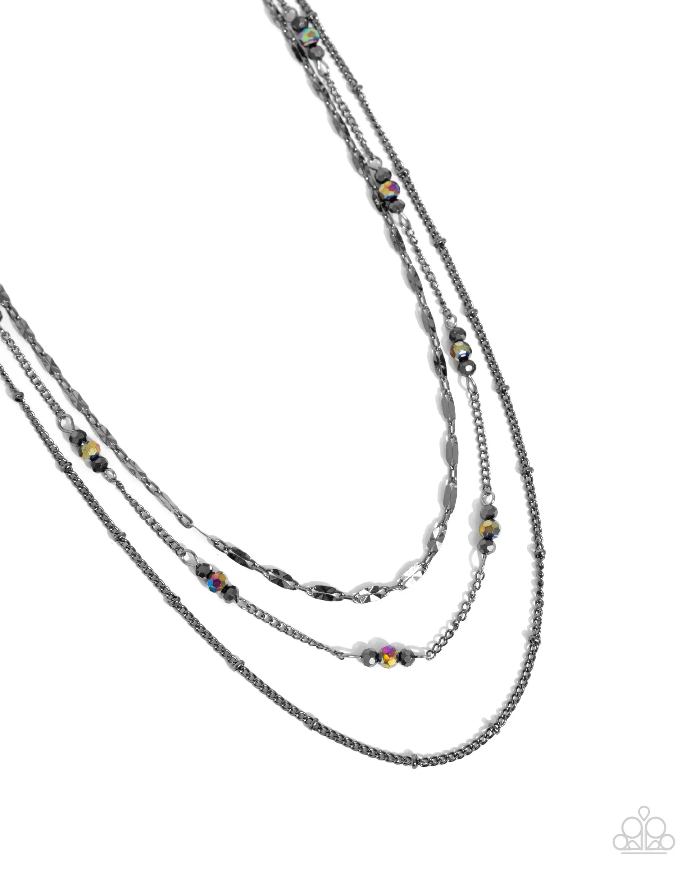 Luxe Layers - Black Layered Necklace - 3 Mismatched Gunmetal Chains, Oil Spill and Hematite Beads Accent Middle Chain