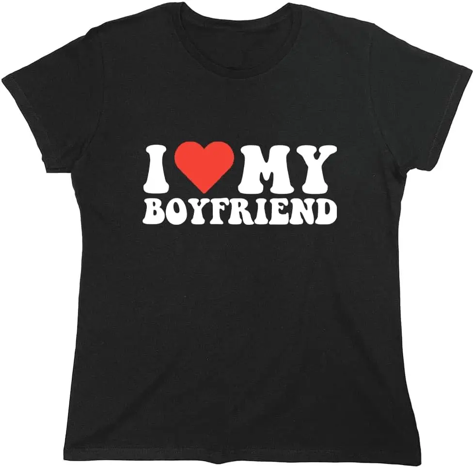 Funny 'I Love My Boyfriend' Graphic T-Shirt for Men, Soft 100% Cotton Heart Print Short Sleeve Novelty Top
