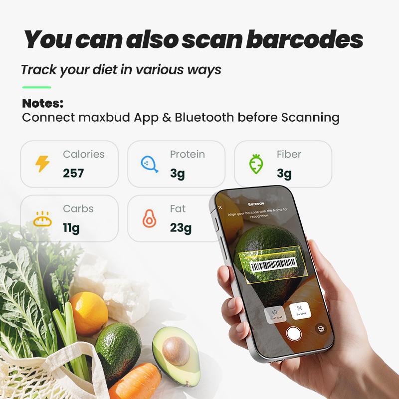 MAXBUD AI Nutrition Scale with APP Function, Food Ai Scanning for 19 Nutrients, Rechargeable Glass Design for Fitness & Travel, Food Nutritional Scale