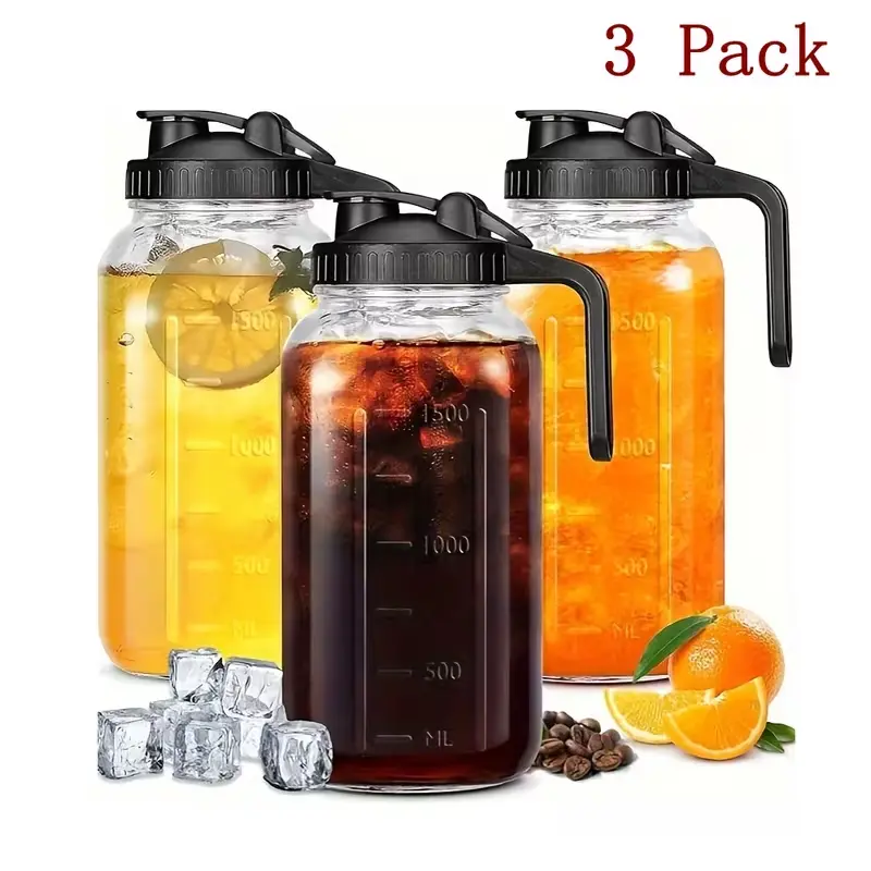 3 Large-Capacity Heat-Resistant Glass Water Pitchers with Lids & Handles, Space-Saving Fridge Door Storage Carafes, Microwave & Refrigerator Safe for Juice & Breakfast Milk, Includes Sponge Brush
