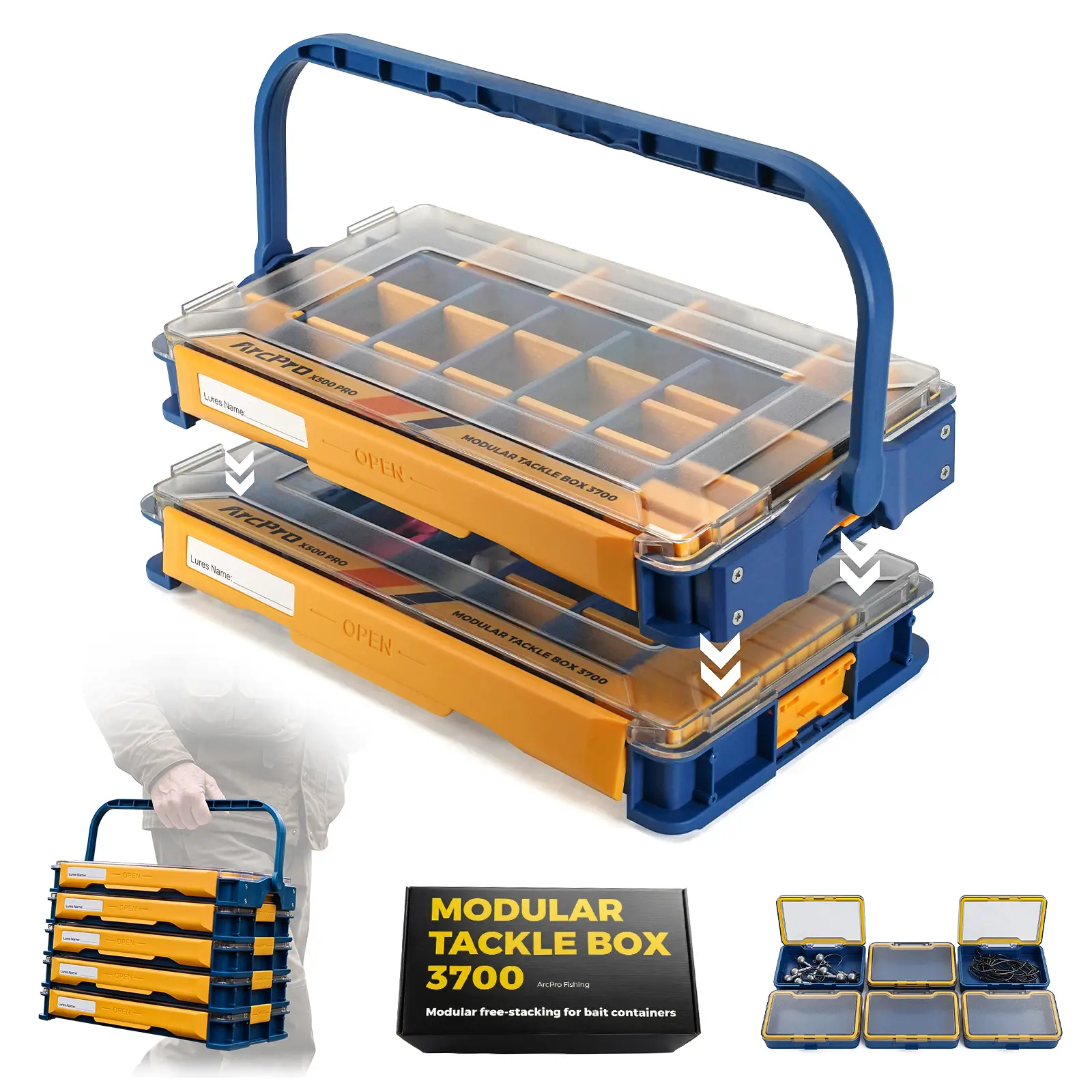 ArcPro 3700 Portable Fishing Tackle Box with Carry Handle, Lure & Hook Organizer, Stackable Modular Fishing Gear Storage System