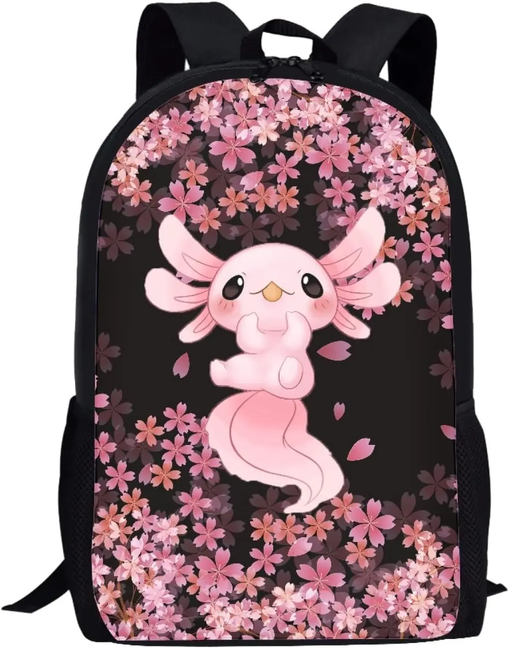 Cherry Blossom Axolotl Backpack Large Capacity Daily Use Backpack for Casual Backpacks for Middle School Kids Kids Teens Backpacks Pink Black