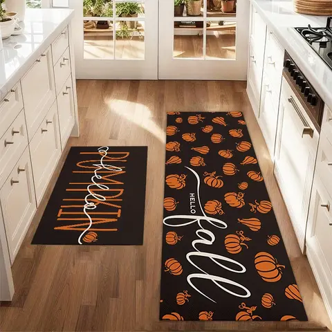 2Pcs Autumn Halloween Pumpkin Black Background Floor Mat Set Farmhouse Kitchen Rug Sets Dining Room Flooring Laundry Room Decor Carpet Mat, Household Decorative Rug Decorative Mats