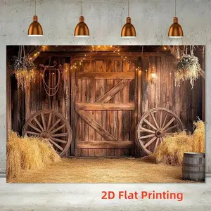2D flat print 1 piece, western barn backdrop with country farm party decor, vintage brown barn doors, hay bales and wagon wheels, durable wallpaper-like backdrop for country-themed birthdays