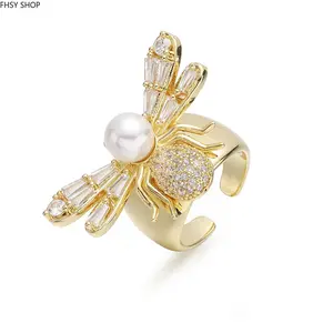 FHSY SHOP 14K Gold Plated Bee Open Ring with Pearl & CZ Crystals Adjustable Statement Insect Ring for Women, Everyday Elegance & Nature Jewelry
