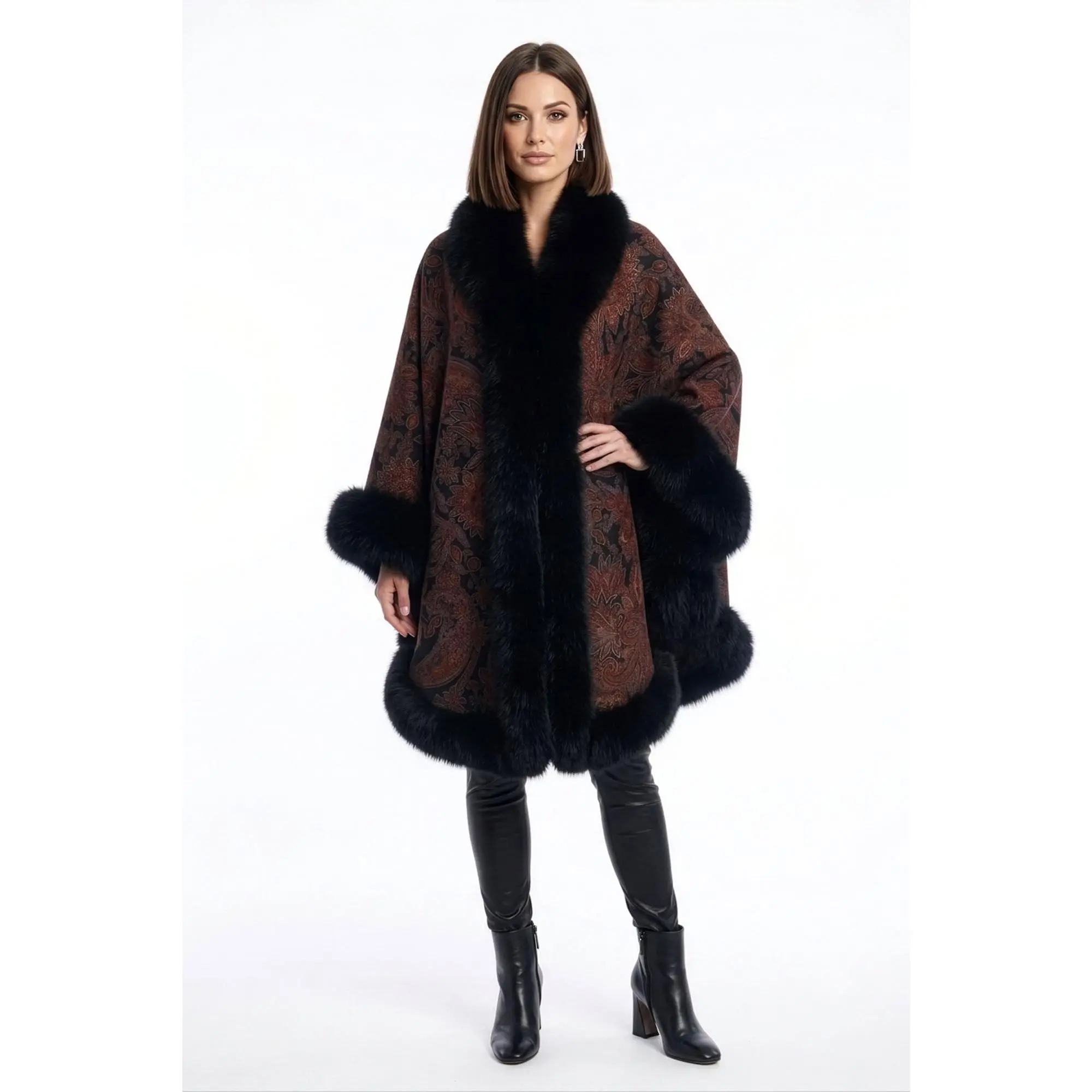 Rust Paisley Print Black Fox Trim Cashmere Cape