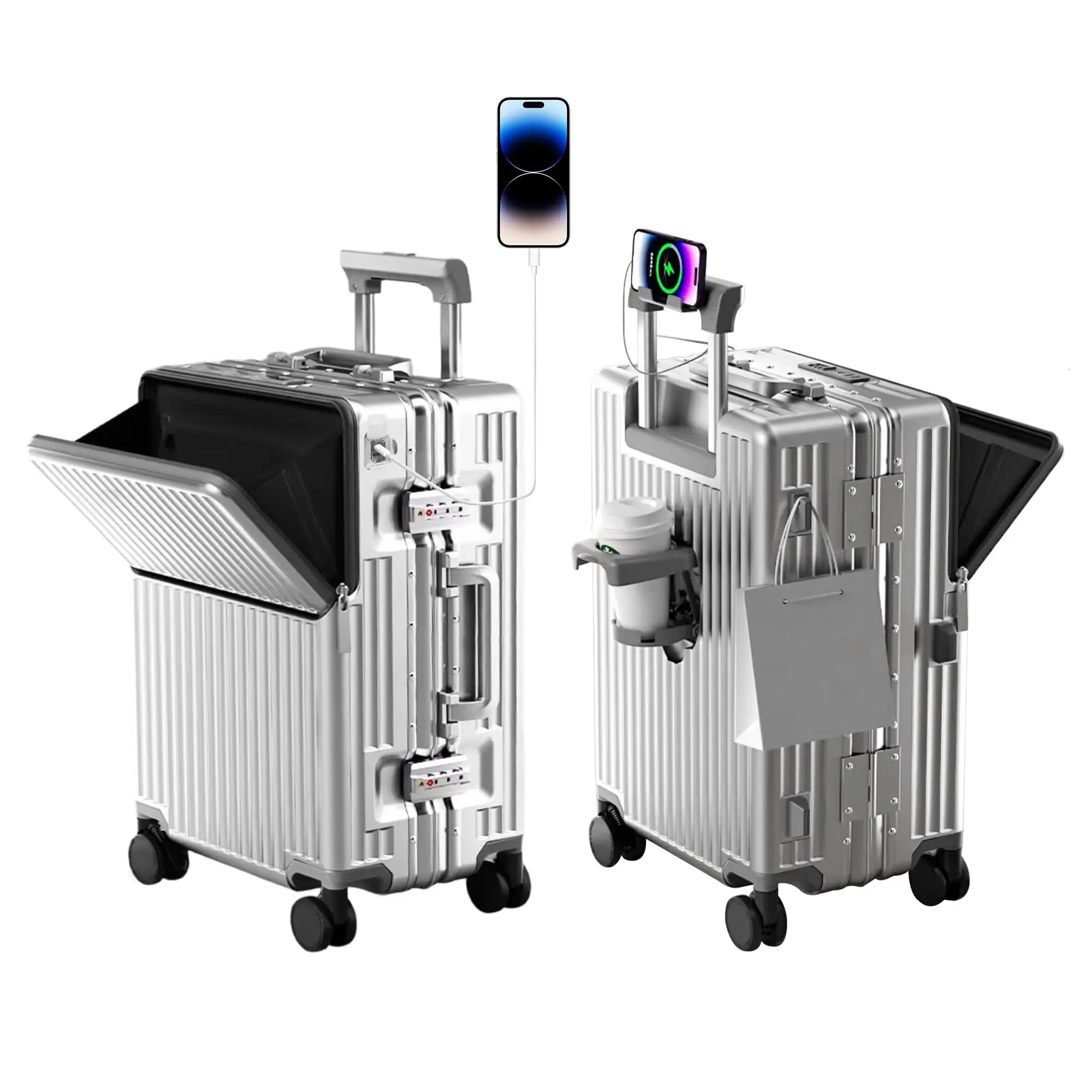 Carry on Zipperless Luggage, Aluminum Frame, Bulit in Charging Port, Front Opening, Cup Holder, 20 inch Hard Frame Suitcase with Spinner Wheels