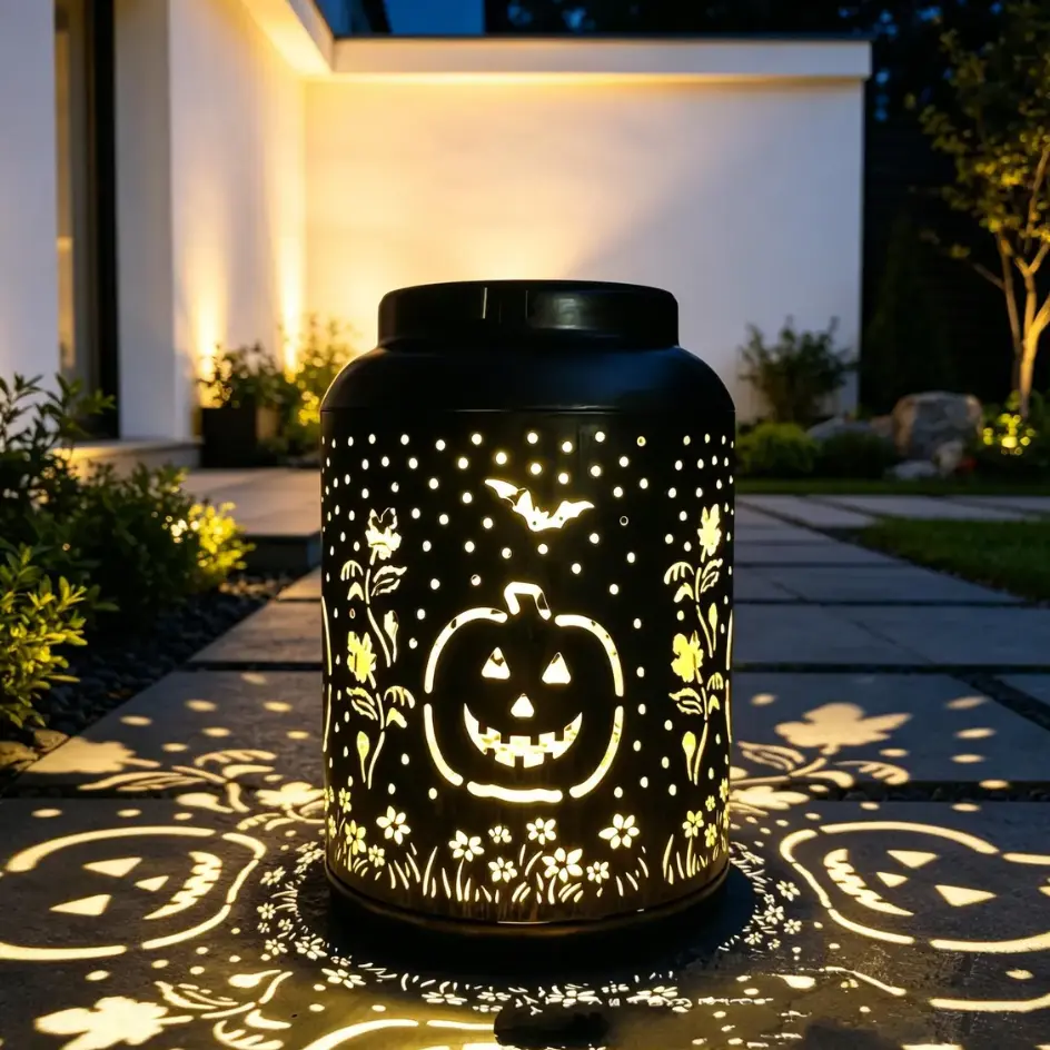 Solar Halloween Waterproof Hollow-Out Metal Lantern - Bat Pattern LED Light, Solar-Powered Tabletop/Path Collectible Decor for Patio Porch Garden, Spooky Pumpkin Shadow Ornament
