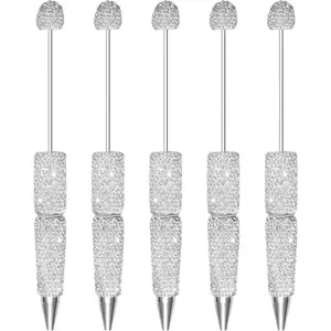 5 count Rhinestone Beadable Bead Pens Bulk Pretty Glitter Bling Fancy Ballpoint Pens for DIY Bead Women Teens Gifts Office Crafts (White)
