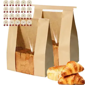 Sourdough Bread Bags for Homemade Bread Tin Tie Tab Lock Paper Large Bakery Bags with Window for Baked Food Packaging Storage Gift Giving Includes Label Seal Stickers