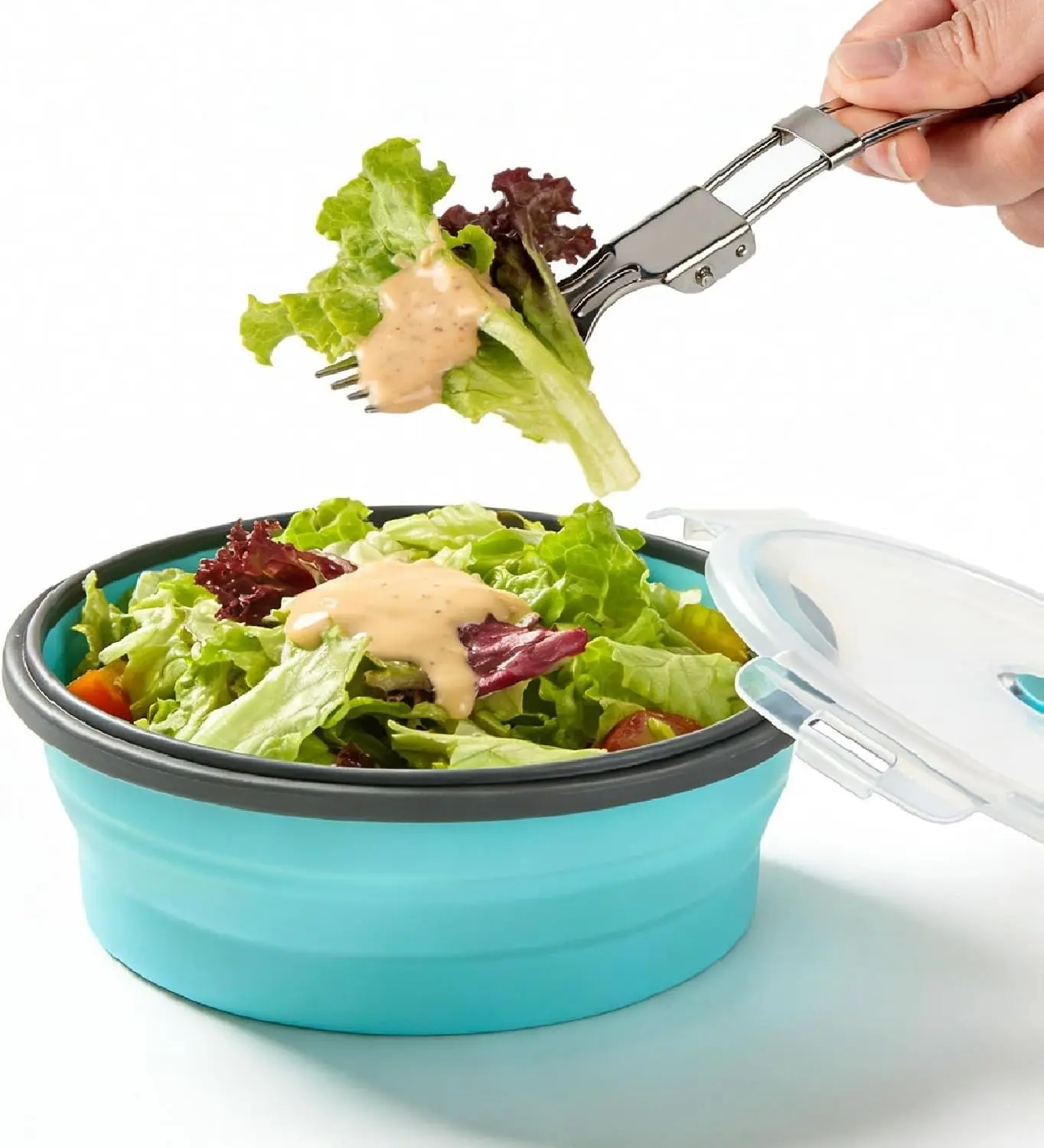 Sports Collapsible Camping Bowl with Lid & Fork Silicone 1200ml 42oz |   Foldable Bowl with Airtight Lid&Stainless Steel Fork for Travel RV Leakproof Food Storage Microwave & Fridge Safe