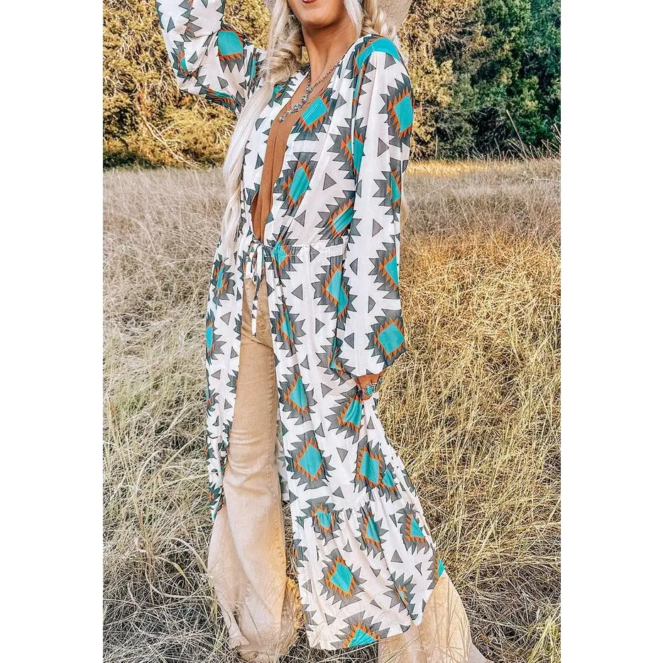 Women Western Aztec Print Duster Open Front by Full Time Purchase