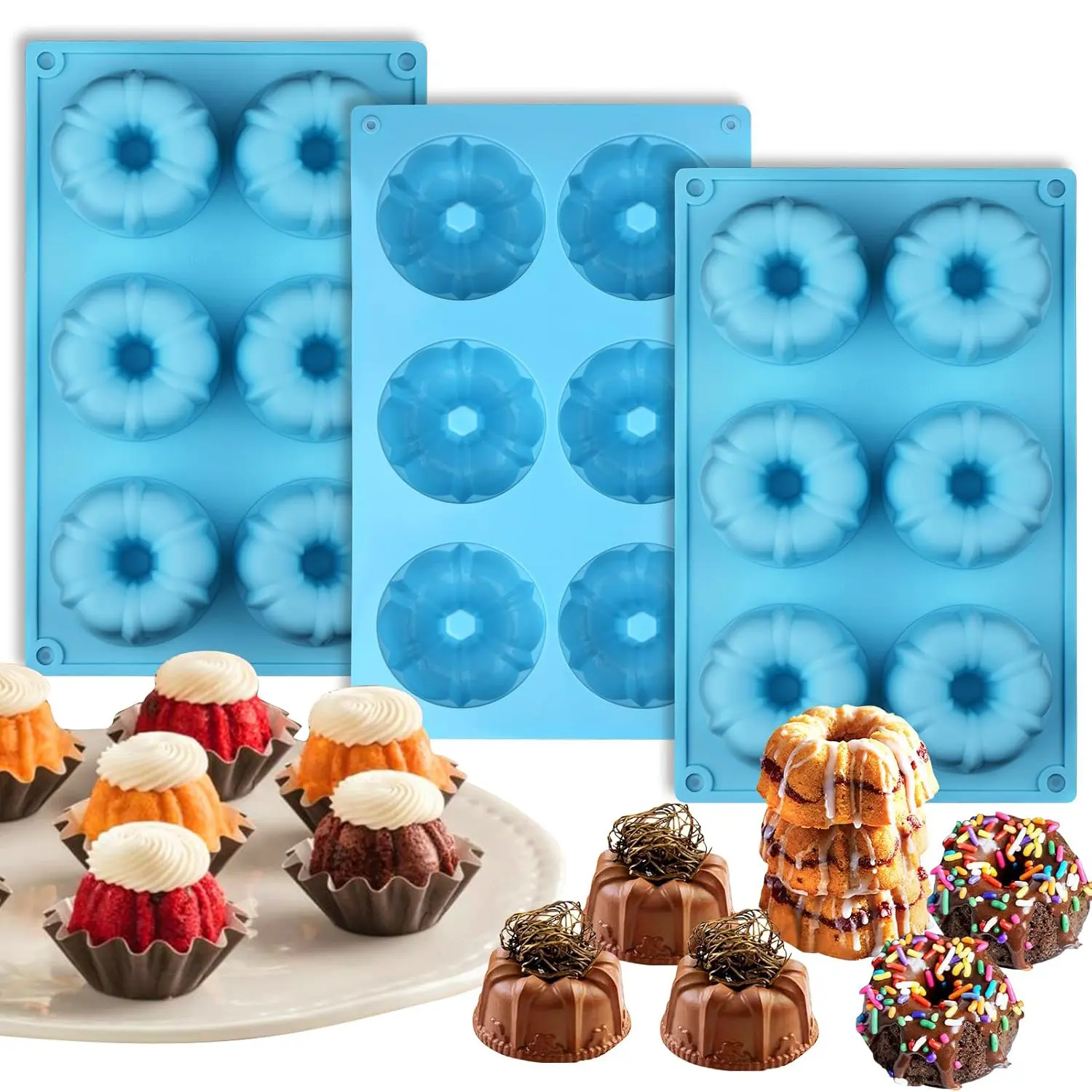 3 PCS Silicone Mini Fluted Tube Pans - 6-Cavity Bakeware for Baking Cakes, Non-Stick Baking Supplies Molds for Chocoflan, Bake