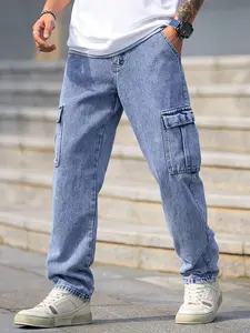 Live unbridled New Trending Menswear Overalls Plain Casual Denim Long Pants Streetwear Solid Color baggy pants Blue Jeans for All Seasons Wear