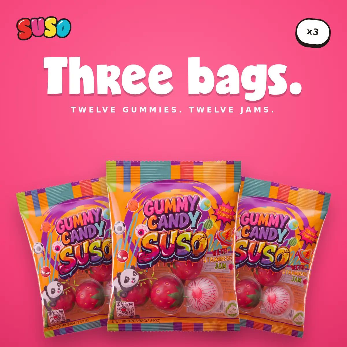 SUSO Gummy Candy with Strawberry Jam Center 3 Pack, Squeeze & Pop Shell, Mixed Fruit Flavors, Halal, 4 Individually Wrapped Pieces (72g) Snack Snack Snack