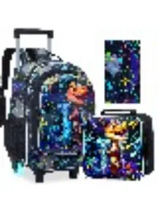 3Pcs Rolling & Glowing! Dinosaur Trolley Backpack Set for Boys Light Up Wheels + Lunch Box + Pencil Case