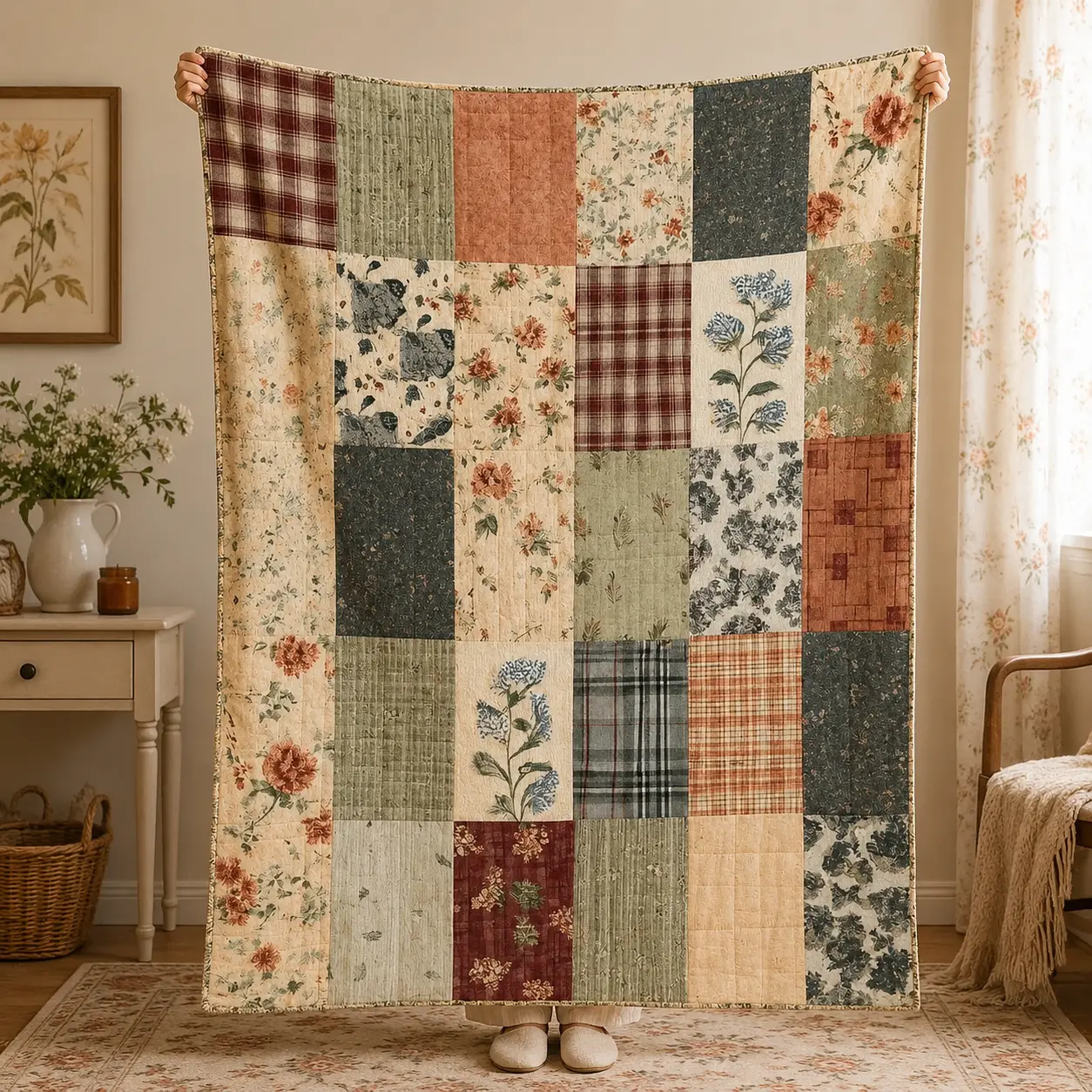 Vintage Floral Farmhouse Throw 2D Flat Print  Blanket, Soft Flannel with Neutral Muted Cottage Flower Art for Country Bedroom and Lounge Decor, Cozy Sofa Accent with Rustic Garden Charm, Birthday Housewarming Gift for Women and Farmhouse Decor Fans, Blank