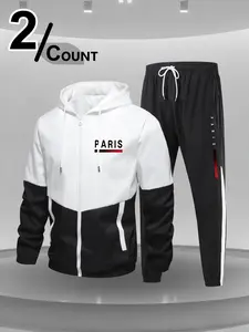 Two-Piece Set Men's Colorblock Drawstring Zip Up Hoodie & Elastic Waist Sweatpants, Regular Fit Casual Long Sleeve Hooded Jacket & Trousers for Fall & Winter, Men's Outfits for Daily Wear