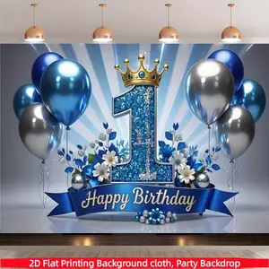 Glittering number 1 blue and silver birthday backdrop banner, crown balloons and flowers, birthday party decoration, suitable for living room, bedroom, office, birthday, anniversary and home décor, outdoor and indoor parties, photography backdrop