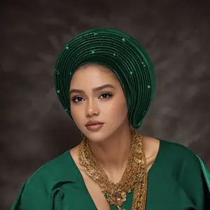 New Style, Elegant, Beautiful, Classic Aso Oke Headwear, Layered Headscarf with Rhinestones, Party Turban, Multi-Color Brimless Hat, 100% Polyester Fiber, Unique Design, Exquisite Craftsmanship, Multiple Colors Available, Special Occasion Headwear