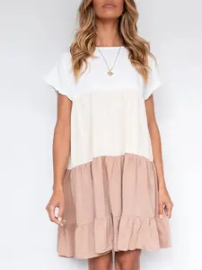 Danedvi Looks Cute Women Summer Casual Ruffles Dress Color Block Short Sleeve Babydoll Loose Swing Flowy T-Shirt Dress， Pink， X-Small Womenswear Comfort Polyester Crewneck Shortsleeve