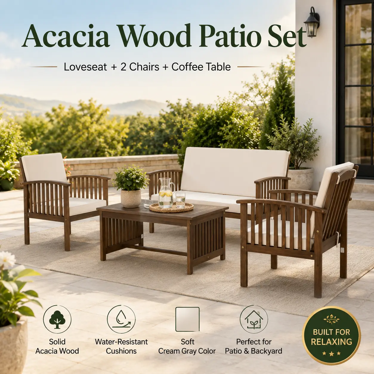 Wooden Patio Furniture Set - 4-Piece Spacious Solid Acacia Wood with Natural Wood Grain, Armchairs & Loveseat, Modern Wicker Weave, Water-Repellent Cream-Gray Cushions, Easy Setup Outdoor Conversation Set for Garden, Deck