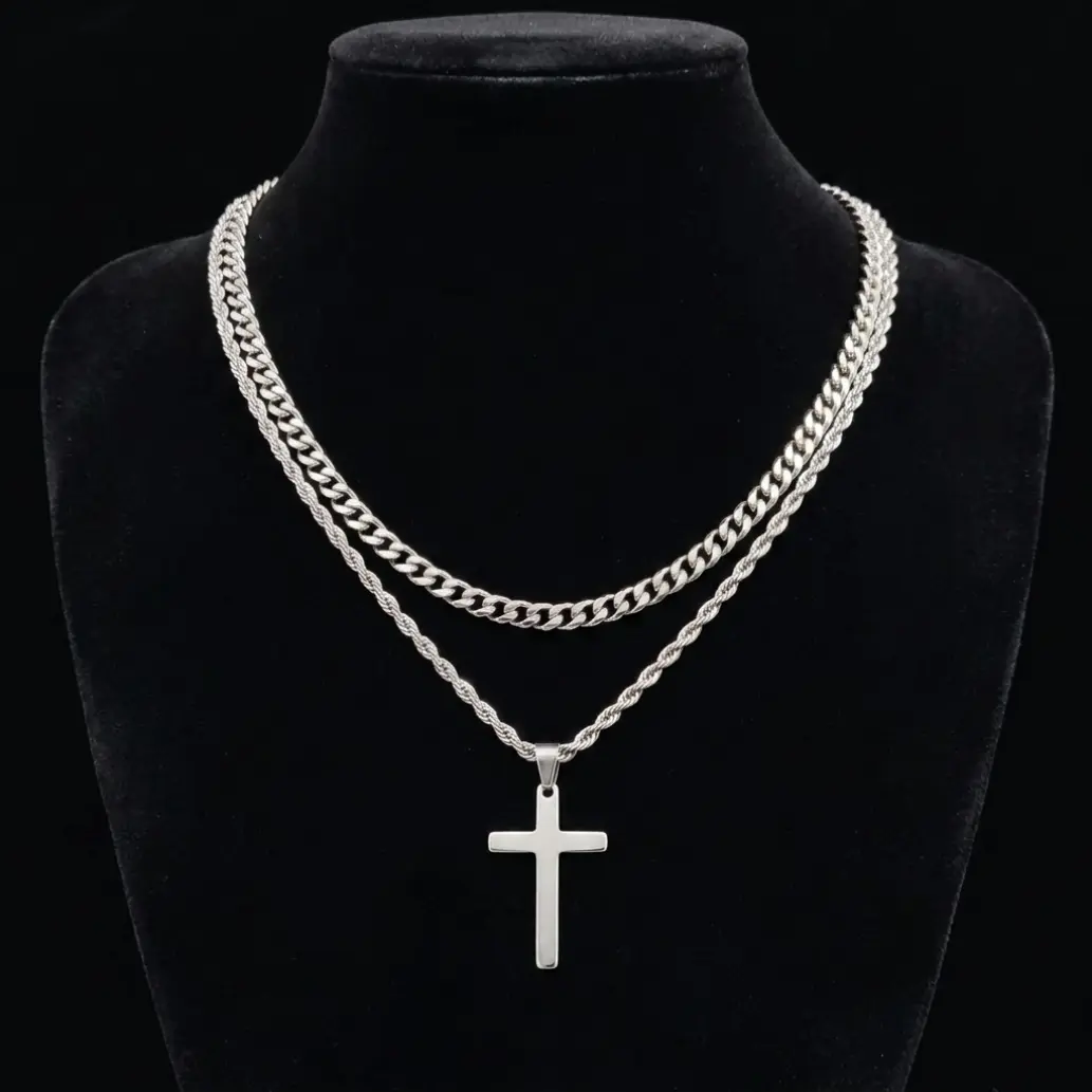 2026 New Layered Cross Necklace for Men, Mens Cross Necklaces Stainless Steel Cross Pendant Cuban Link Rope Chain