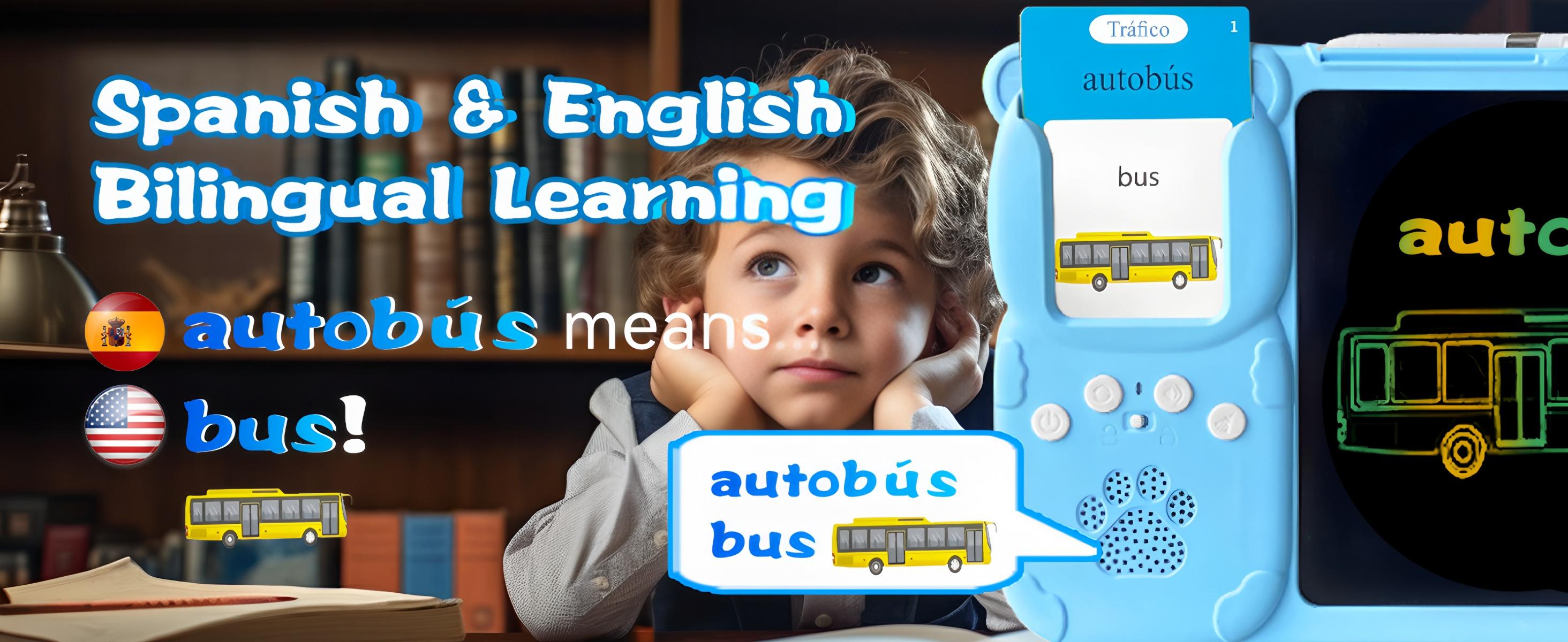 KidGenius English & Spanish Flash Card Set with 3 Language Modes 8 Inch LCD Writing Board 510 Vocabulary Words Durable Reusable Design for Kids Perfect Homeschool Teacher Tool  Holiday Learning Gift Ideal for Autism Therapy - Bear Visual Stimulation Cards