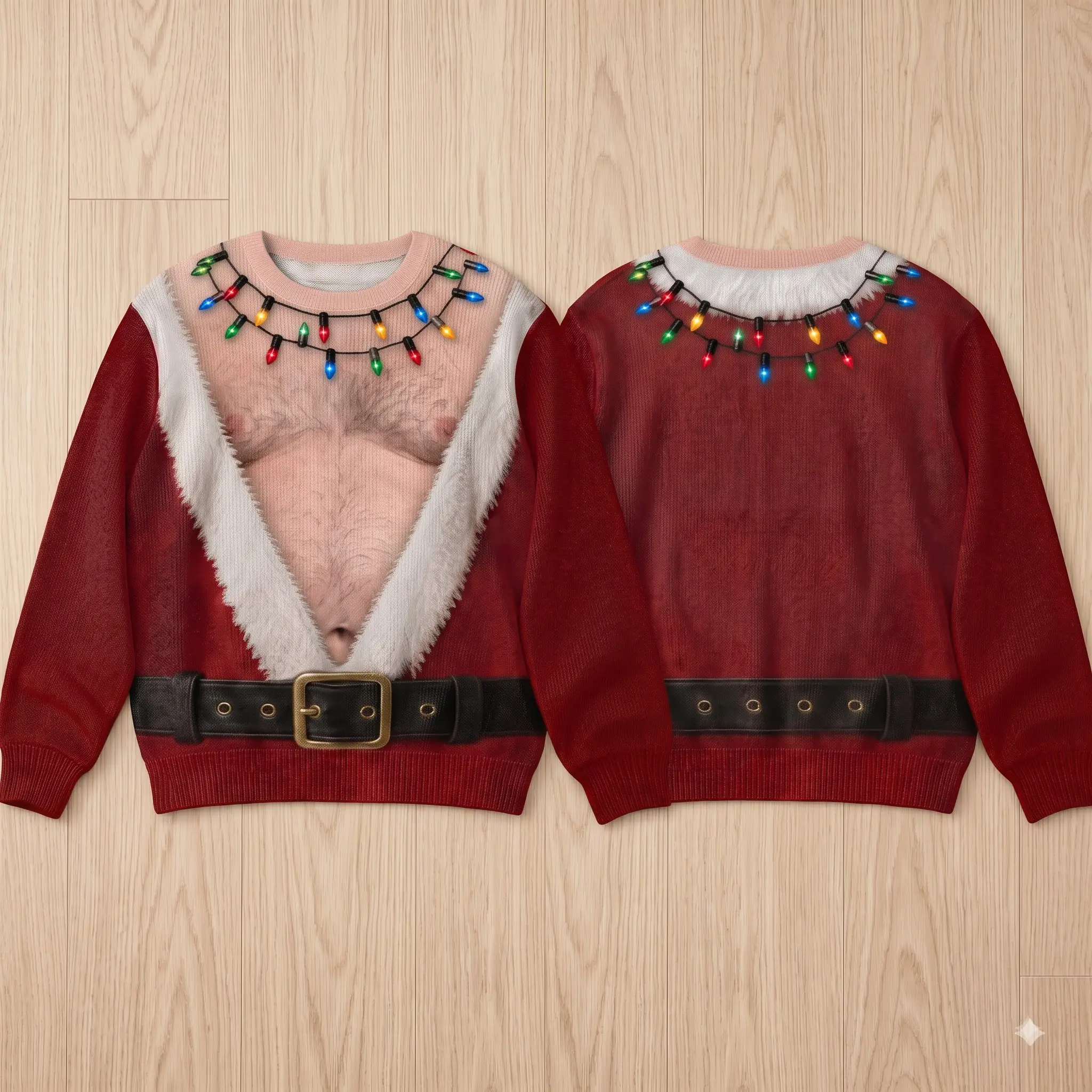 Funny Hairy Chest Santa Ugly Christmas Sweater 3D Printed Lights Xmas Party Gag Gift Sweatshirt