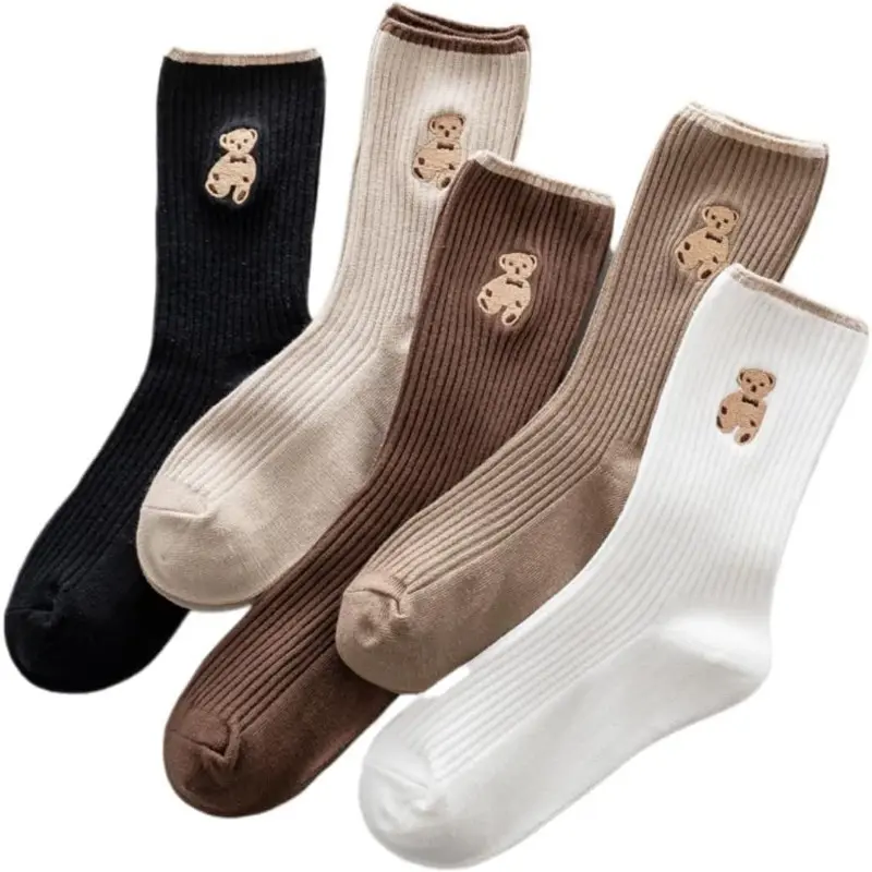 5 Pairs Mixed-Color Teddy Bear Pattern Socks – Assorted-Color Casual Socks for Spring, Summer and Commuting