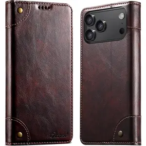 Leather Flip Wallet Cover for iPhone 17 Pro Max - Handheld Devices Protection, Magnetic Flip Stand, Card Slot, Protective Folio Casing, Mobile Phone Accessory (Brown, Blue, Dark Gray, Red, Khaki)