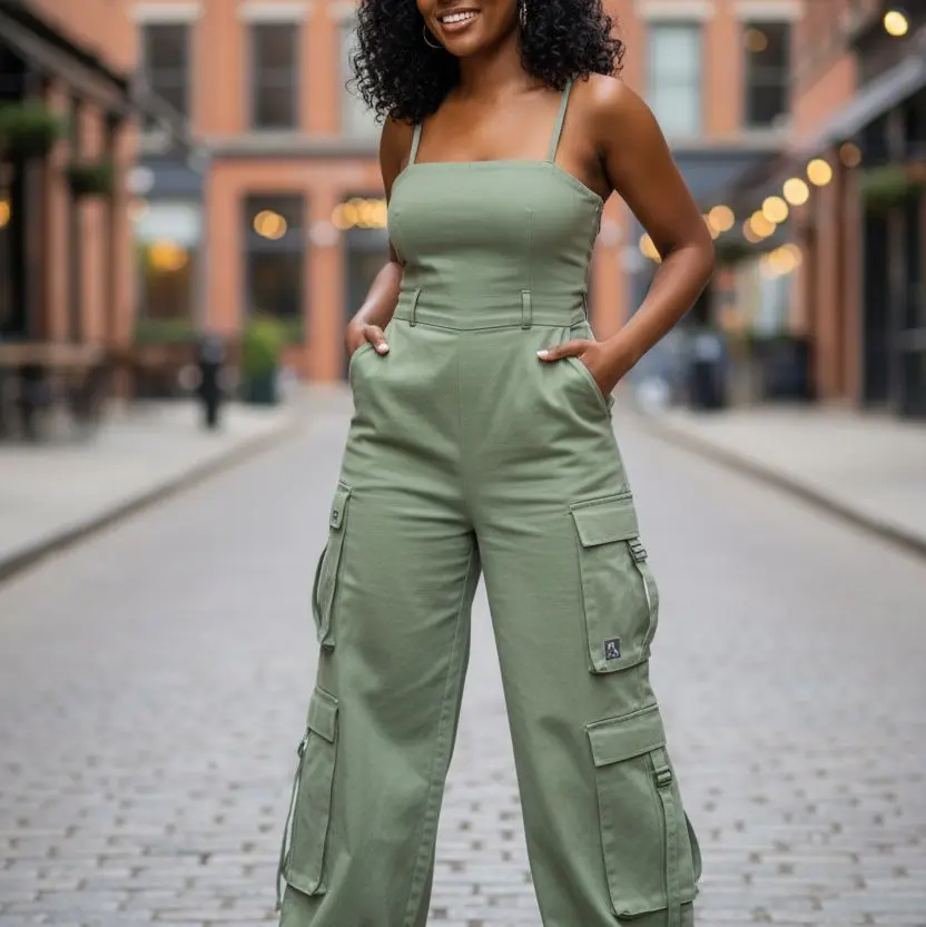 Women's Summer Casual Cargo Overalls - Vivid Solid Color Full-Length Wide Leg Jumpsuit with Adjustable Straps for Custom Comfort, Cold Wash, Hang Dry